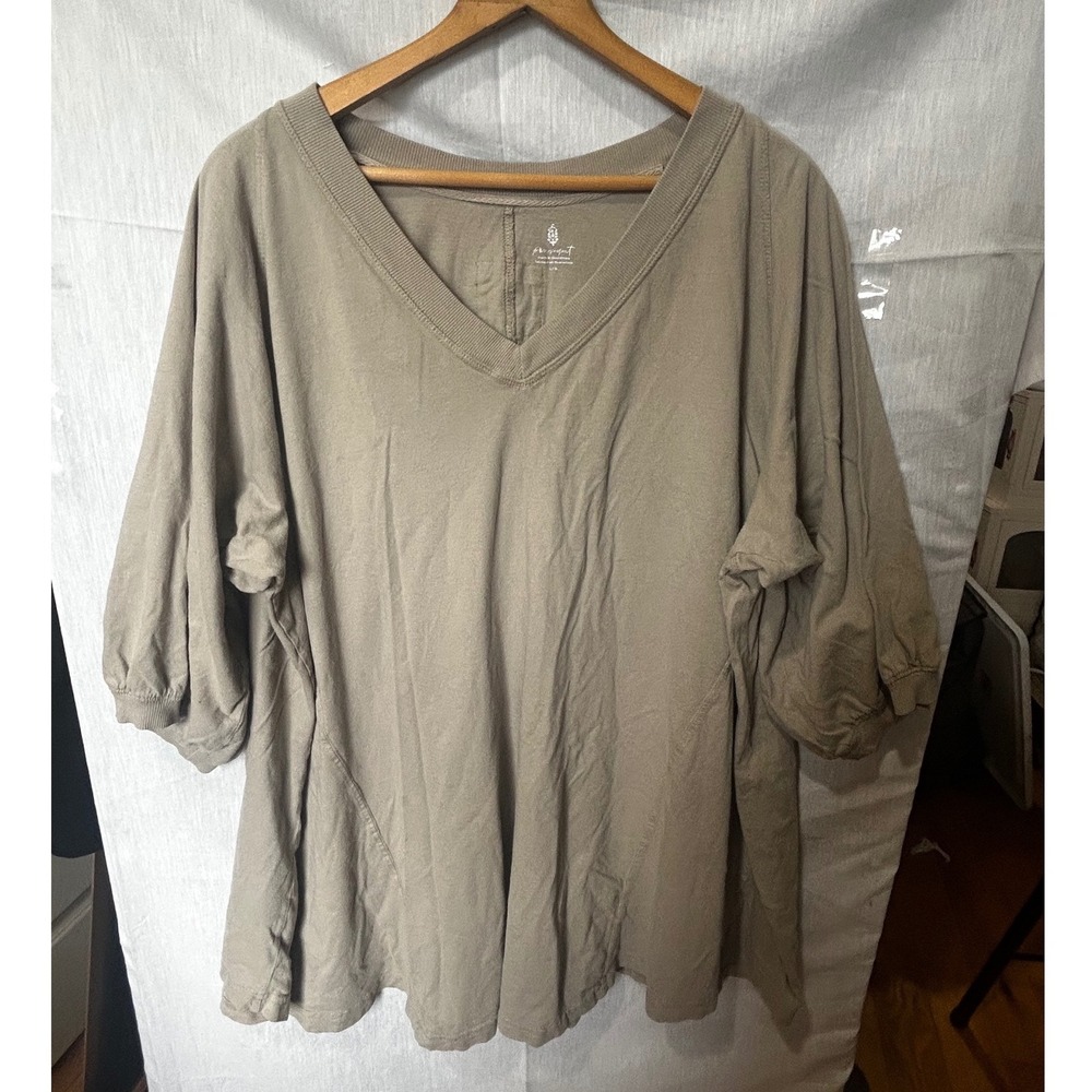 Free People FP Movement Oversized V-Neck Balloon Sleeve Cotton Tee Taupe L